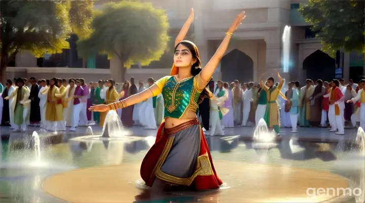 A cinematic wide shot shows a Pakistani girl performing a graceful dance routine near her college fountain, surrounded by students who pause to admire her skill and elegance.
A cinematic wide shot shows a Pakistani girl performing a graceful dance routine near her college fountain, surrounded by students who pause to admire her skill and elegance.