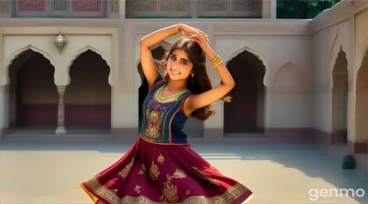 In a wide-angle 4k shot, a Pakistani girl dances with subtle elegance on a college terrace, her shy smile drawing the attention of students who watch with quiet appreciation.From a panoramic perspective, a Pakistani girl dances with a shy yet confident flair in the college courtyard, as students passing by pause momentarily, intrigued by her performance.
