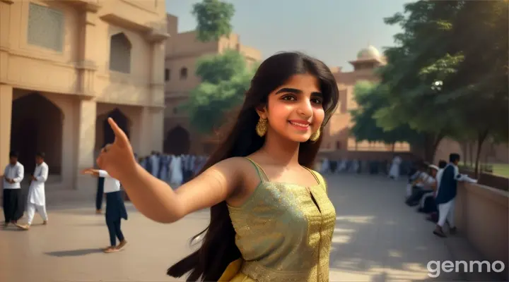 In a wide-angle 4k shot, a Pakistani girl dances with subtle elegance on a college terrace, her shy smile drawing the attention of students who watch with quiet appreciation.From a panoramic perspective, a Pakistani girl dances with a shy yet confident flair in the college courtyard, as students passing by pause momentarily, intrigued by her performance.A breathtaking 4k shot captures a Pakistani girl dancing on the college rooftop, her shy expressions and flowing movements contrasting with the backdrop of students in animated conversation, some turning to watch her dance with fascination.