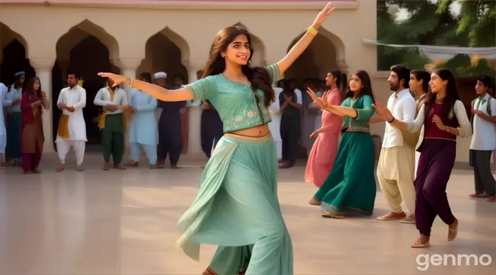 In a wide-angle 4k shot, a Pakistani girl dances with subtle elegance on a college terrace, her shy smile drawing the attention of students who watch with quiet appreciation.From a panoramic perspective, a Pakistani girl dances with a shy yet confident flair in the college courtyard, as students passing by pause momentarily, intrigued by her performance.A breathtaking 4k shot captures a Pakistani girl dancing on the college rooftop, her shy expressions and flowing movements contrasting with the backdrop of students in animated conversation, some turning to watch her dance with fascination.