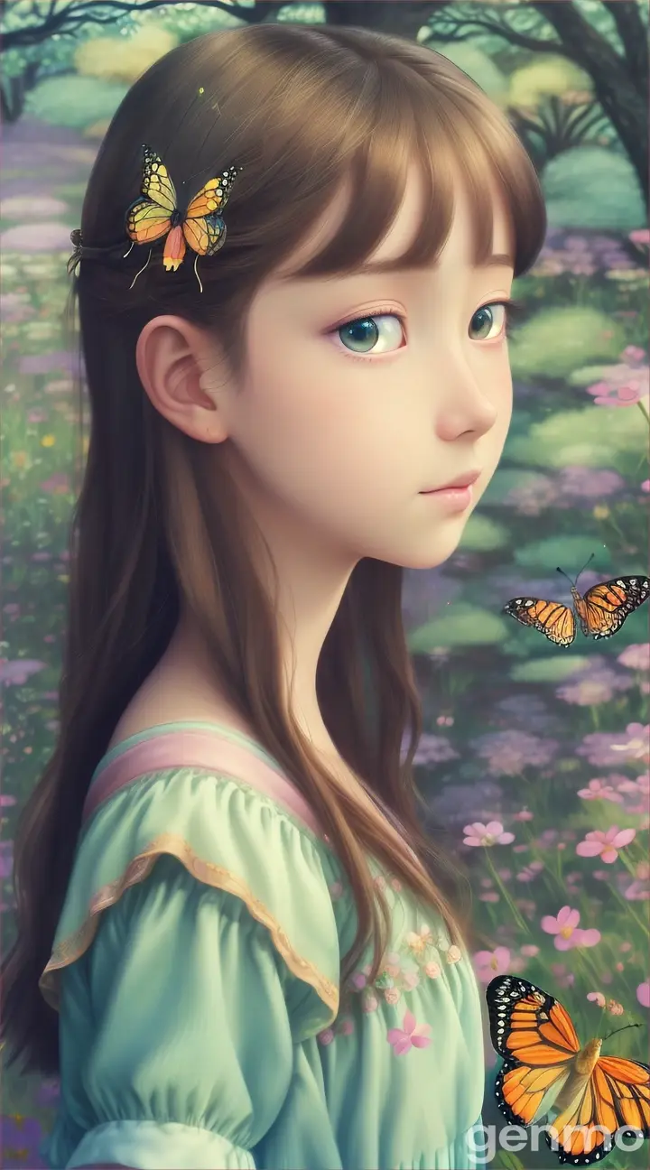 a girl meets a butterfly, size 720x1280, the Studio Ghibli style adds