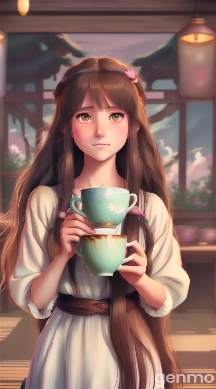  a beautiful long girl with a coffee, size 720 x 1280, the Studio Ghibli style adds  