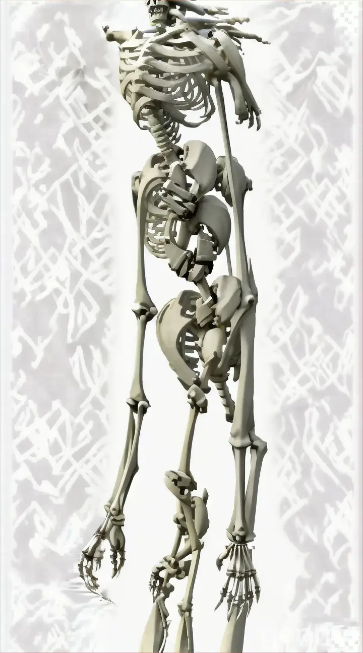 a skeleton with a rope attached to it's neck. Transform it into a black and white drawing