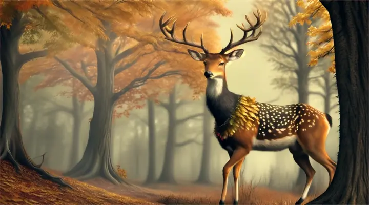 A majestic deer standing near an ancient tree with golden leaves in a mystical forest, created in watercolor with magical realism elements