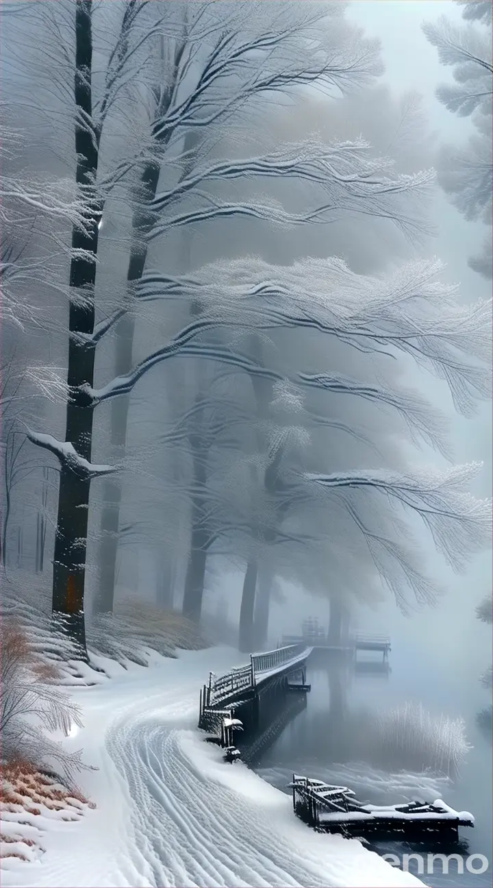 a snowy path leading to a dock in the woods