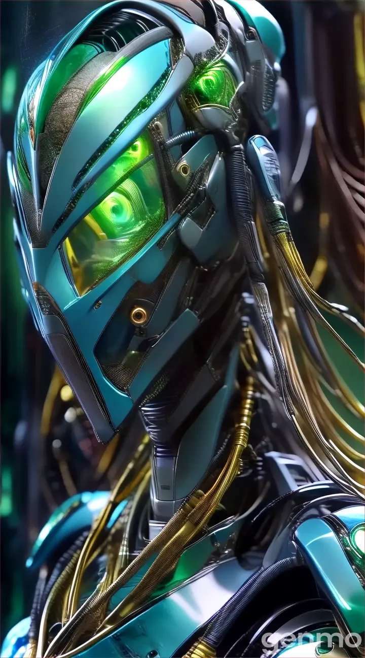 a close up of a robot with green eyes