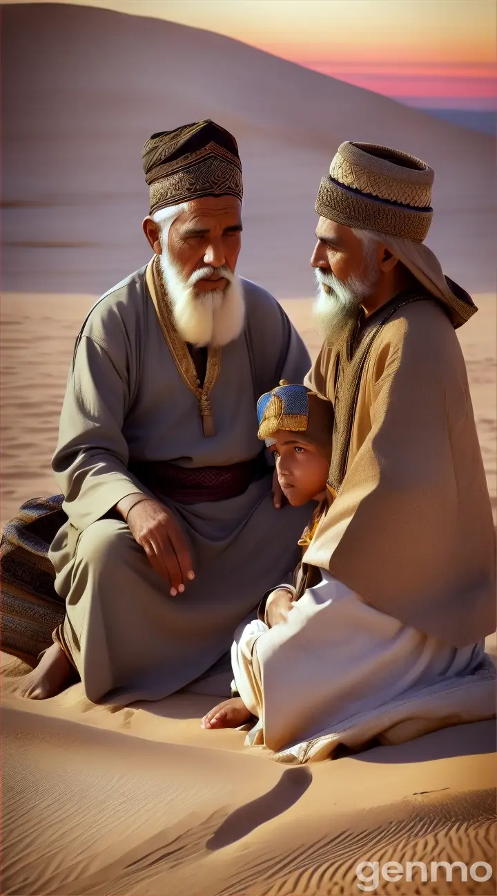 One old Muslim waise man sitting next to his son in desert  to advice him 