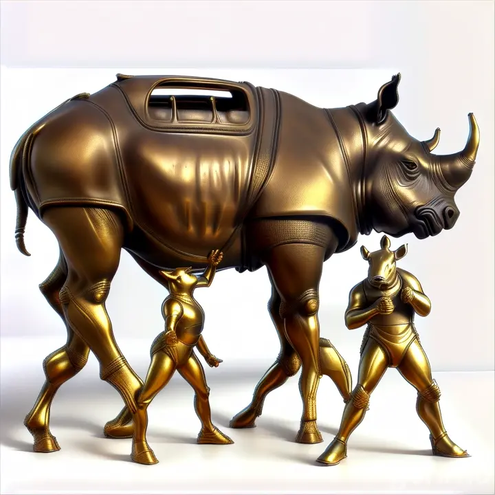 a bronze sculpture of a rhinoceros and a car