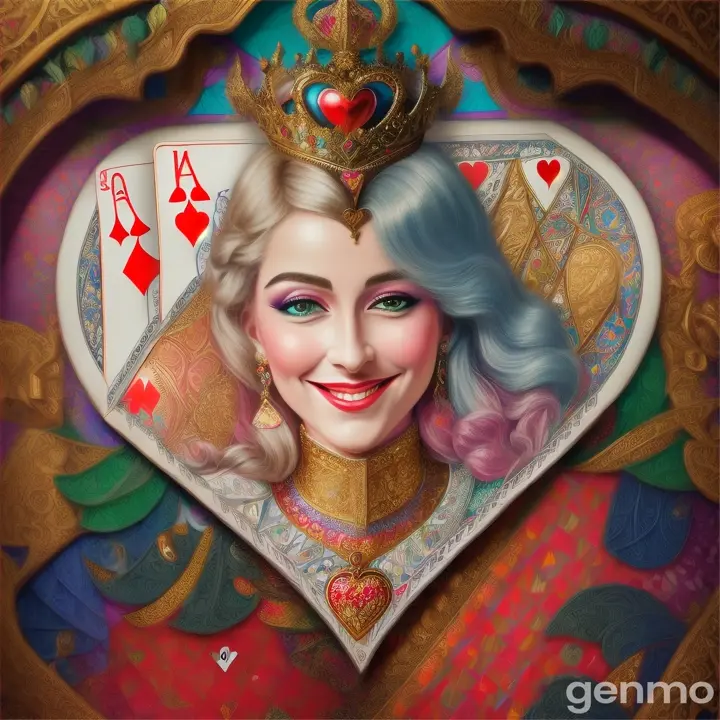 The King of Hearts, smiling mischievously, leaning against a wall made of giant playing cards within the Garden of Eden
