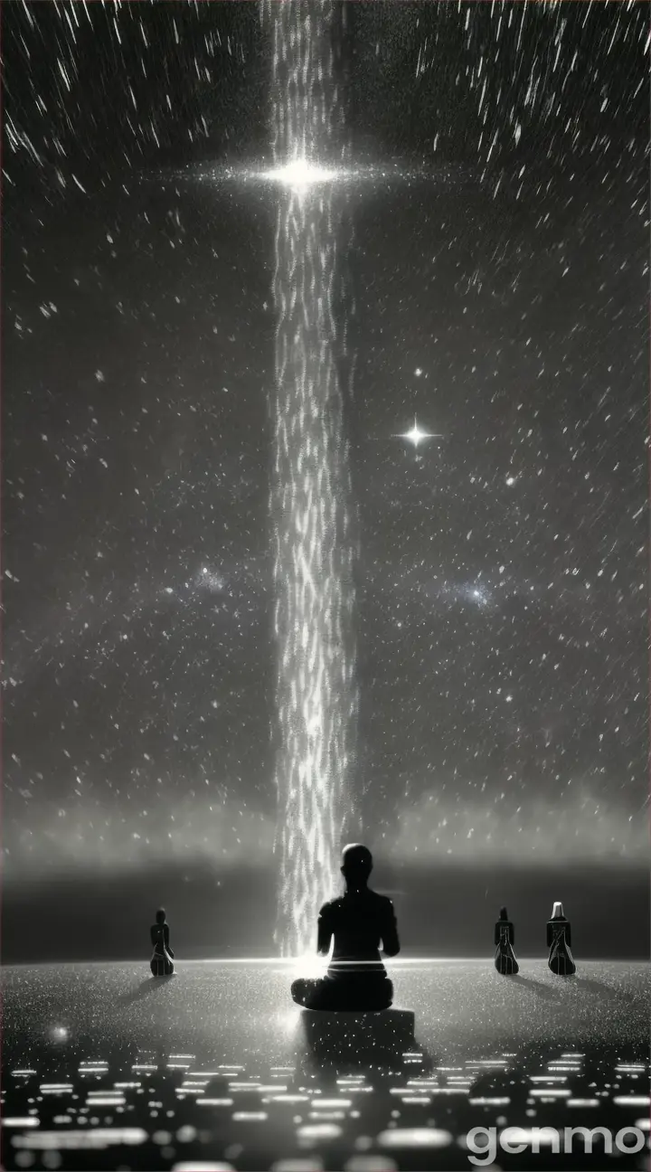 Multiple figures meditating a glittering galaxy, with the stars raining down around them in a surreal, sparkling shower Black and white composition black figure above flat earth  