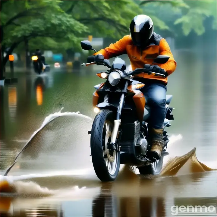 a man riding very high speed 130 km a motorcycle through a flooded street