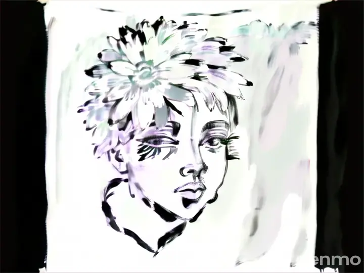 a drawing of a woman with a flower covering her hair