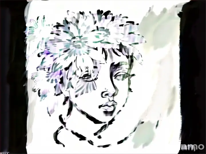 a drawing of a woman with a flower in covering her hair