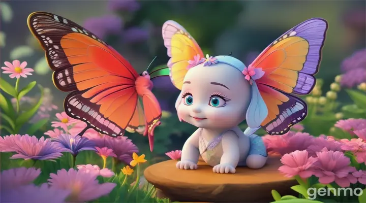 3d beauty baby cartoon baby butterfly in garden