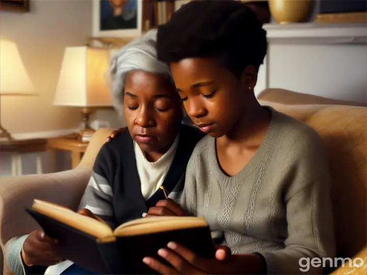 a black teenager reading a book to her old grandmother, 