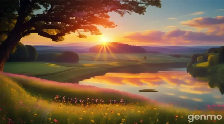 beautiful landscape, summer, nature, fields, meadows, forests, lakes, flowers, trees, birds, butterflies, the rising sun on the horizon