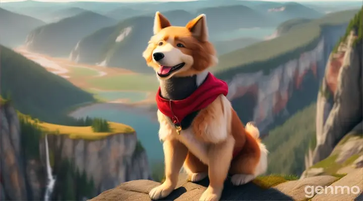 an anthropomorphic funny dog ​​with a full-length human torso sings a song against the backdrop of nature