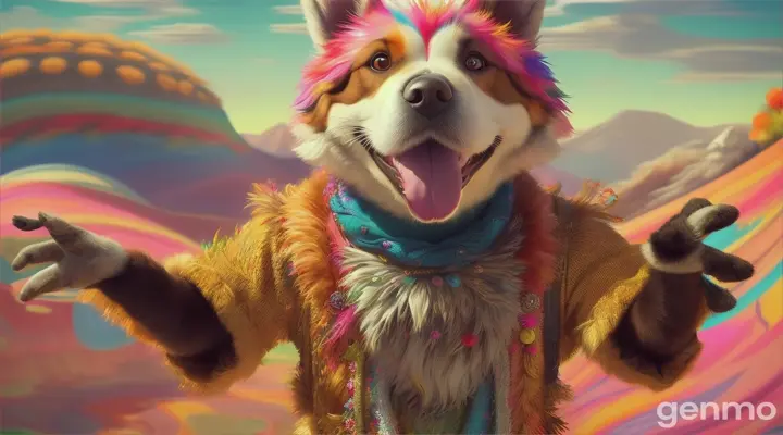 an anthropomorphic funny dog ​​with a full-length human torso sings a song and dances against the backdrop of nature