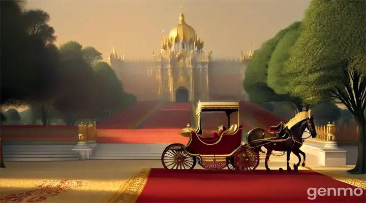 Some man bringing gift on carriage on red carpet on golden road and that road side surrounded by tree with red diamond and white pearl