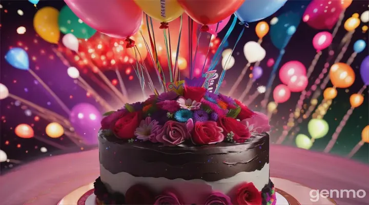 cake, bouquet of flowers, balloons, fireworks