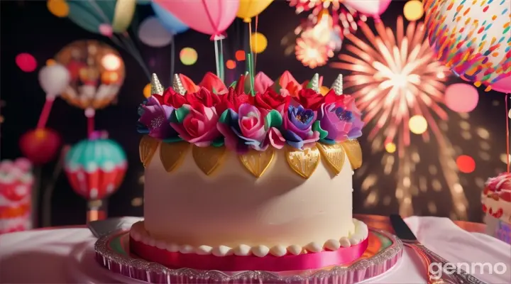 floral cake on a background of balloons and fireworks