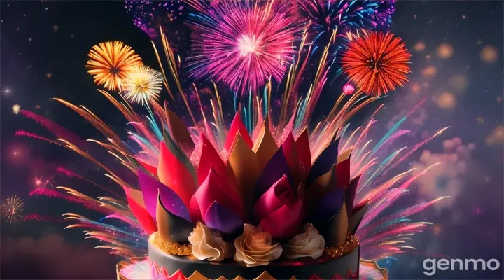 fireworks turn into flowers falling on the cake