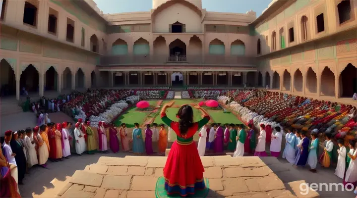 From a panoramic view, a Pakistani girl in traditional attire sways to music on her college grounds, her movements catching the attention of passing students and drawing a small crowd.


From a panoramic view, a Pakistani girl and her boyfriend in their college uniforms sway to music on their college grounds. Her movements catch the attention of passing students, drawing a small crowd. The two dance together, their synchronized steps and joyful expressions captivating everyone around them.
