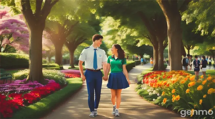 In a wide 4k shot, a Pakistani girl and her boyfriend in college uniforms walk hand in hand along a scenic path on their campus. The lush greenery and vibrant flowers around them create a picturesque backdrop as passing students notice the happy couple, adding to the lively atmosphere.