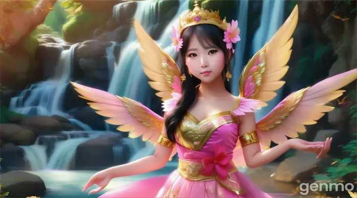 Wide viewing angle A beautiful Asia Girl with Beautiful face, very charming, big eyes, white skin, bright pink, charming, has an aura wearing a Kinnaree costume pink Gold .It has pink bird-like wings. playing in the water .the background is a water fall High definition 64K. .