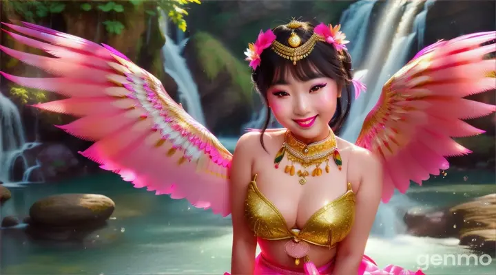 Wide viewing angle A beautiful Asia Girl with Beautiful face, very charming, big eyes, white skin, bright pink, charming, has an aura wearing a Kinnaree costume pink Gold .It has pink bird-like wings. playing in the water .the background is a water fall High definition 64K. .