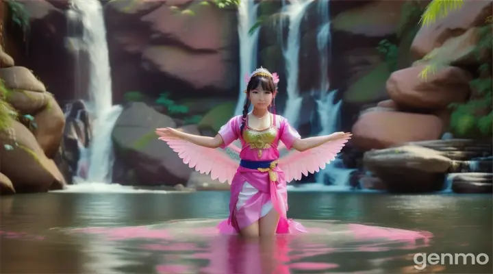 Wide viewing angle A beautiful Asia Girl with Beautiful face, very charming, big eyes, white skin, bright pink, charming, has an aura wearing a Kinnaree costume pink Gold .It has pink bird-like wings. playing in the water .the background is a water fall High definition 64K. .