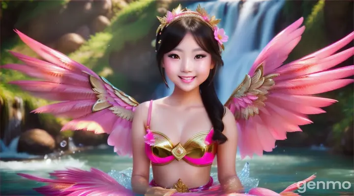 Wide viewing angle A beautiful Asia Girl with Beautiful face, very charming, big eyes, white skin, bright pink, charming, has an aura wearing a Kinnaree costume pink Gold .It has pink bird-like wings. playing in the water .the background is a water fall High definition 64K. .