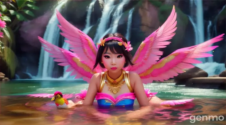 Wide viewing angle A beautiful Asia Girl with Beautiful face, very charming, big eyes, white skin, bright pink, charming, has an aura wearing a Kinnaree costume pink Gold .It has pink bird-like wings. playing in the water .the background is a water fall High definition 64K. .