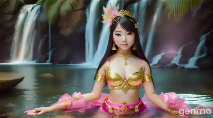 Wide viewing angle A beautiful Asia Girl with Beautiful face, very charming, big eyes, white skin, bright pink, charming, has an aura wearing a Kinnaree costume pink Gold .It has pink bird-like wings. playing in the water .the background is a water fall High definition 64K. .