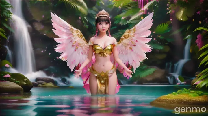 Wide viewing angle A beautiful Asia Girl with Beautiful face, very charming, big eyes, white skin, bright pink, charming, has an aura wearing a Kinnaree costume pink Gold .It has pink bird-like wings. playing in the water .the background is a water fall High definition 64K. .