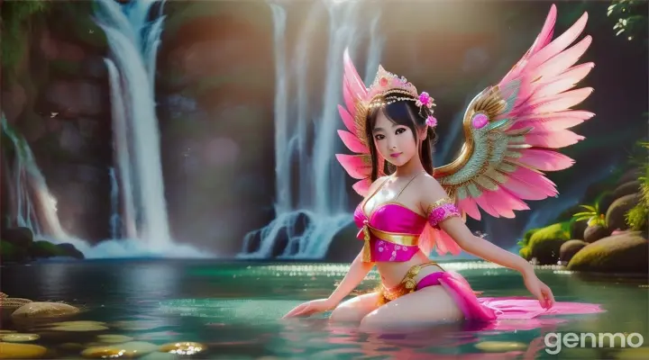 Wide viewing angle A beautiful Asia Girl with Beautiful face, very charming, big eyes, white skin, bright pink, charming, has an aura wearing a Kinnaree costume pink Gold .It has pink bird-like wings. playing in the water .the background is a water fall High definition 64K. .