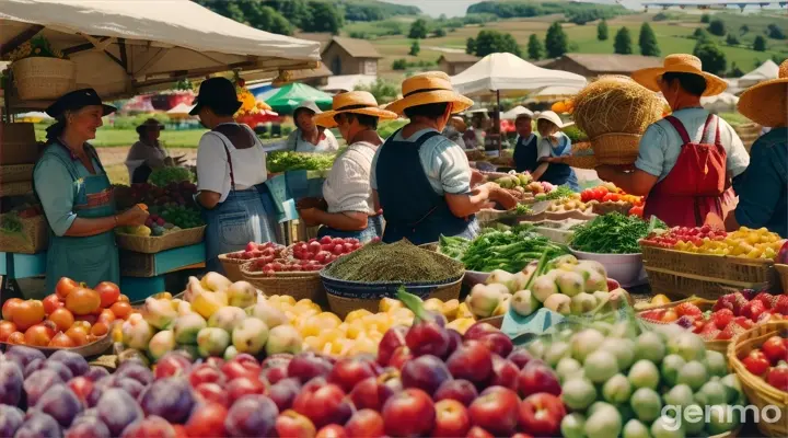 A lively summer market scene with people buying colorful fruits in a rustic countryside setting