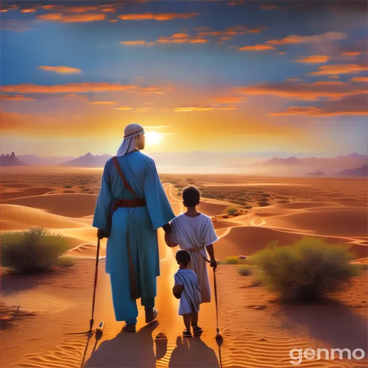 a man and a child are walking in the desert