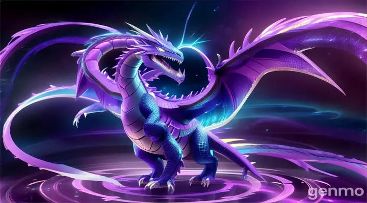 a purple and blue dragon standing on top of a purple circle