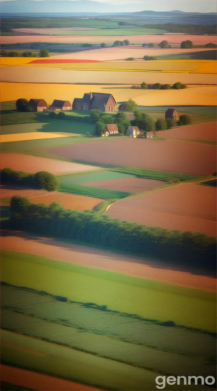 **A vast, quiet field under the midday sun with crops swaying in the breeze.** Show the peaceful rural setting with a distant view of the village.