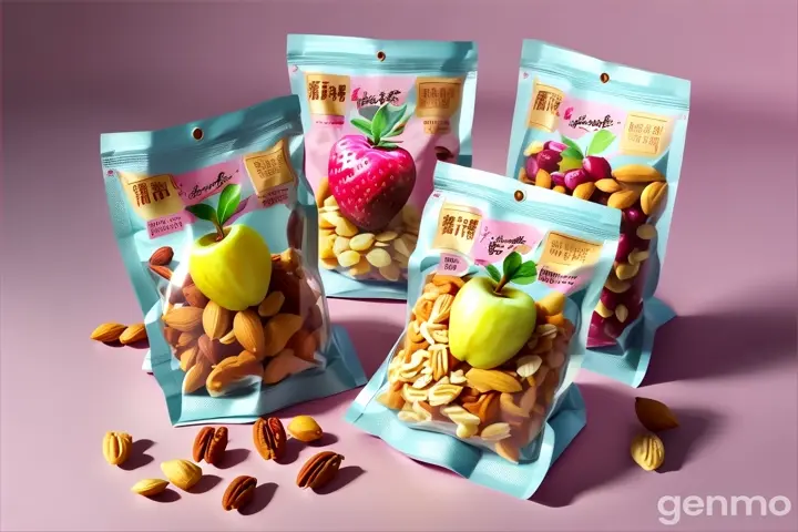 three bags of fruit and nuts on a pink background