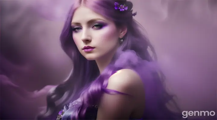 A beautiful woman in a large flowing, mauve dress engulfed in mystical violet smoke, melding into the background with purple flowers