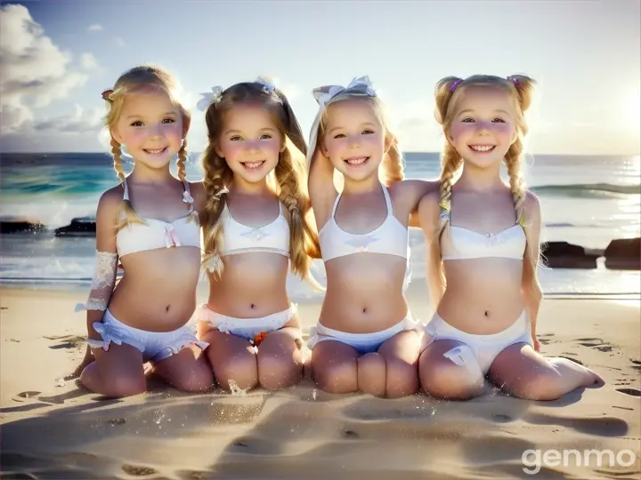 Four young girls, little girls, age 7 years old, 7 yo, blonde, pigtails, bare feet, crouching, white bodystockings, white bikini, laughing, splits legs, dance, arms up, beach crouched, beach, close up belly