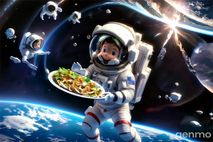 an astronaut is holding a plate of food in space