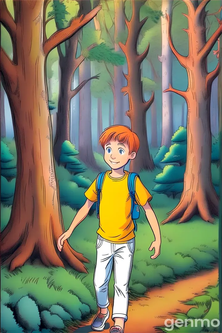 a cartoon of a boy walking through a forest