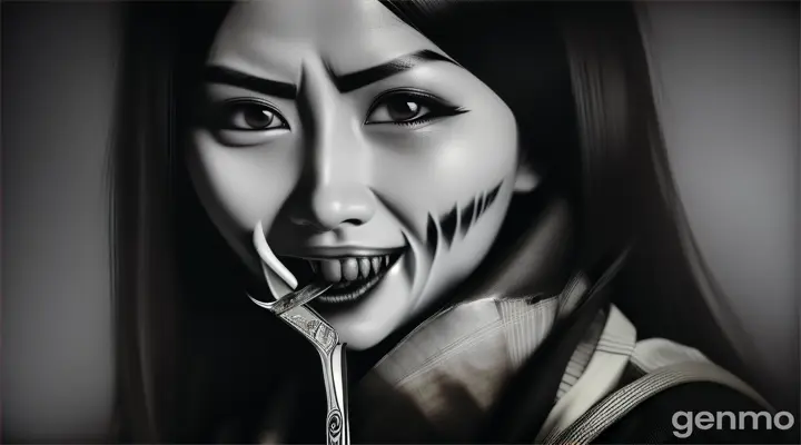 Image of Kuchisake-Onna revealing her slashed big mouth, holding a pair of scissors