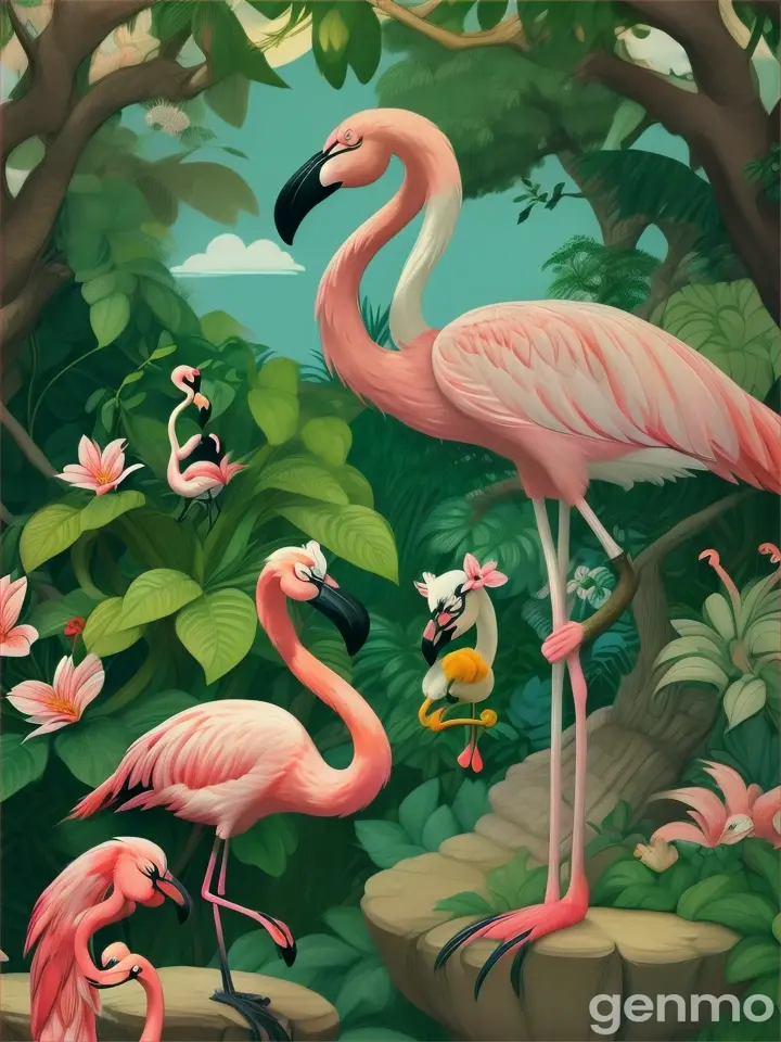 while flamingo, the ring-tailed lemur nurtured the young plants, ensuring they received enough water and care.. cartoon illustration 