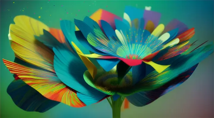 which pop into the air and turn into blue realistic big flowers and big notes. Splashes of color. flat green background