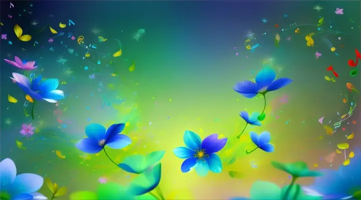 which pop into the air and turn into blue realistic big flowers and big notes. Splashes of color. flat green background