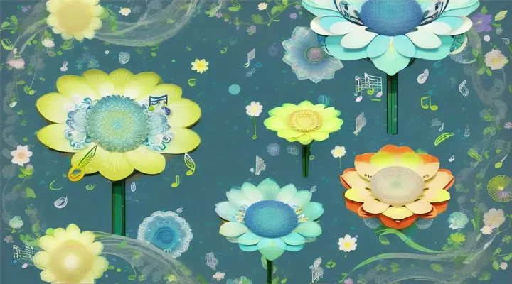 which pop into the air and turn into blue realistic big flowers and big notes. Splashes of color. flat green background